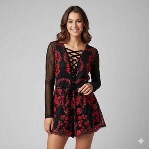 A'GACI Black Romper – M – Gothic, Lace-Up, Sexy Festival Look Velvet Whimsigoth